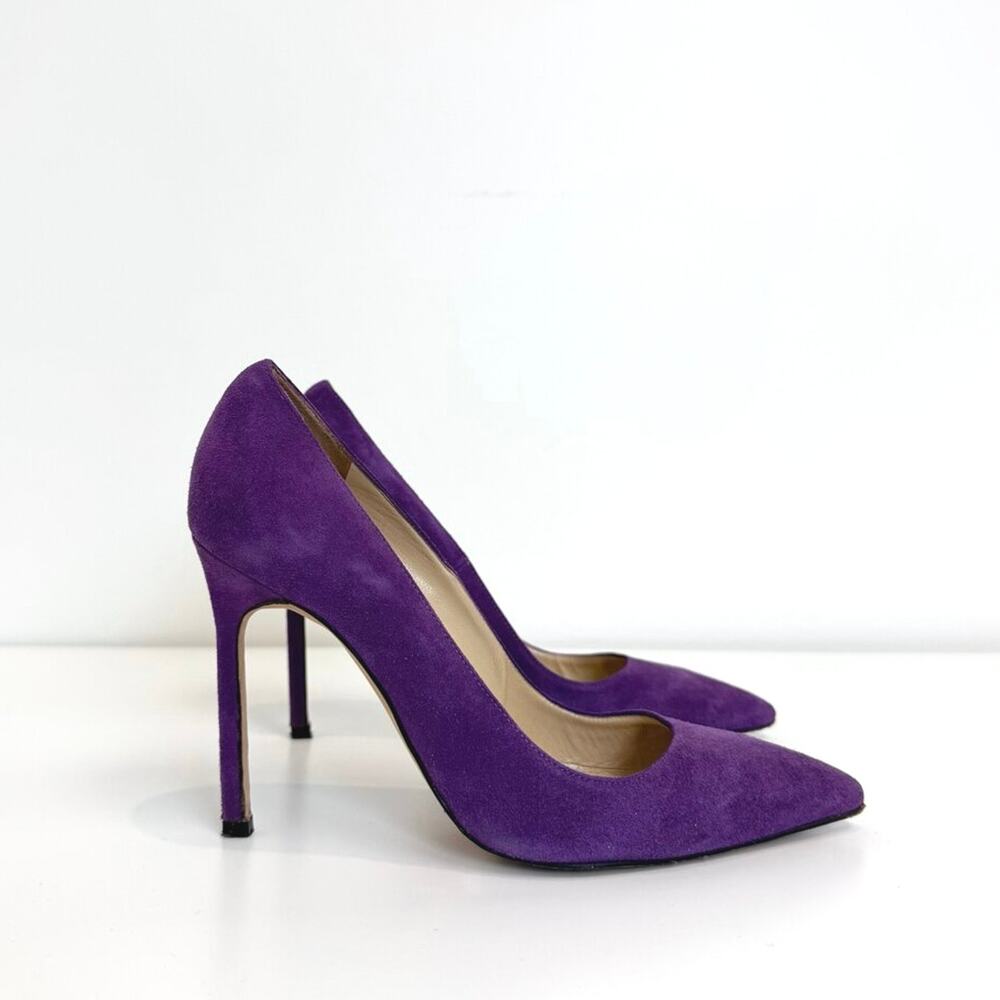 MANOLO BLAHNIK Purple Suede Pointed Toe Pumps 36.5 Leather Stiletto Heel Shoes